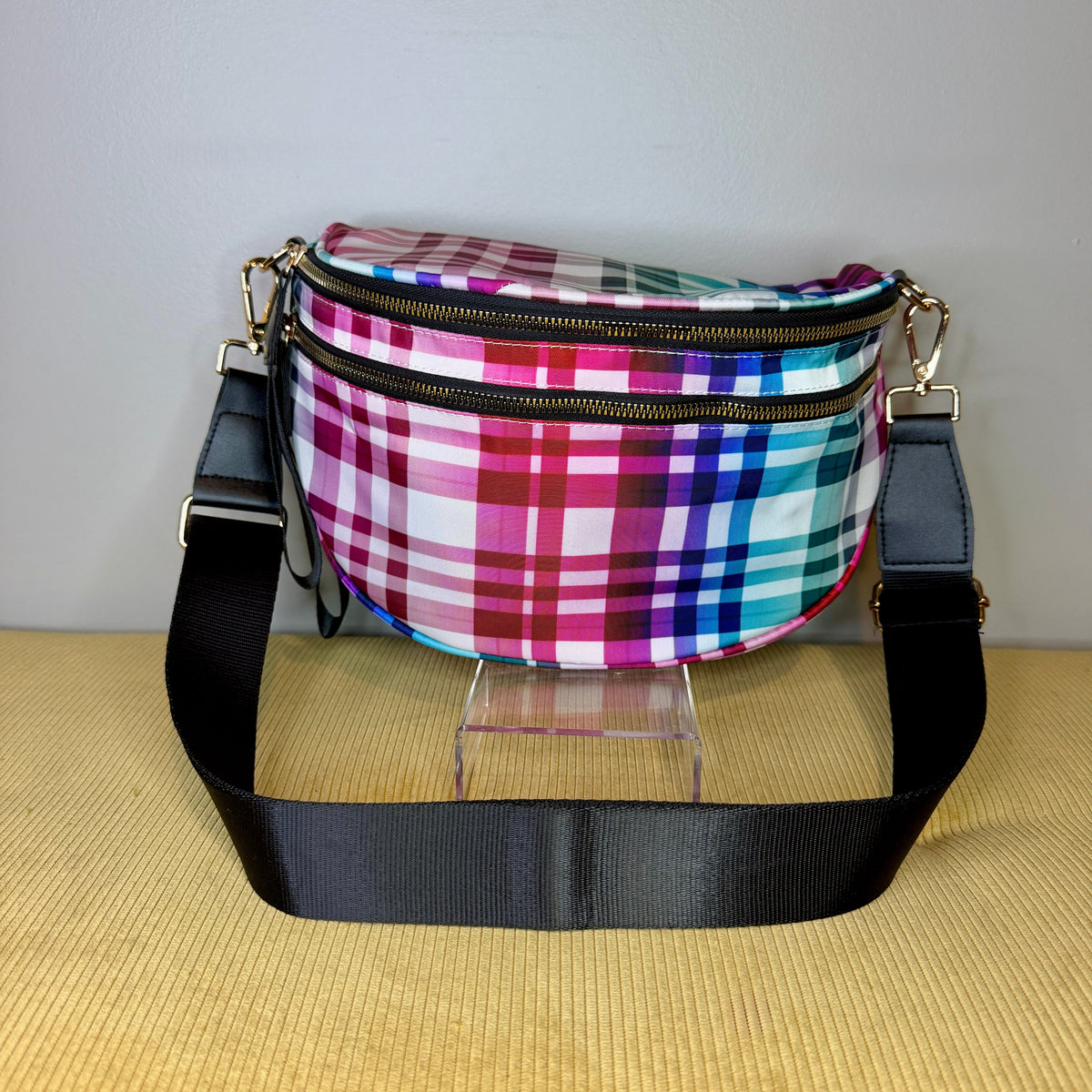 The Roni Nylon Crossbody - Plaid Ombre White