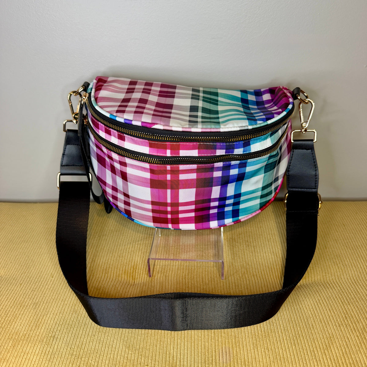 The Roni Nylon Crossbody - Plaid Ombre White