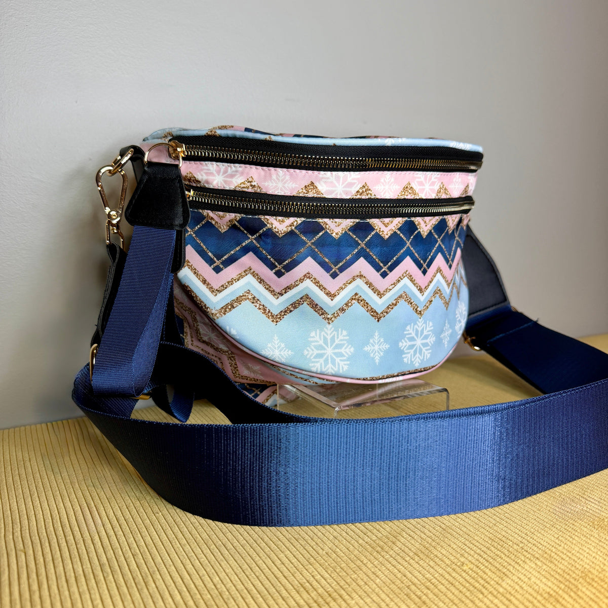 The Roni Nylon Crossbody - Christmas Snowflake Blue Pink