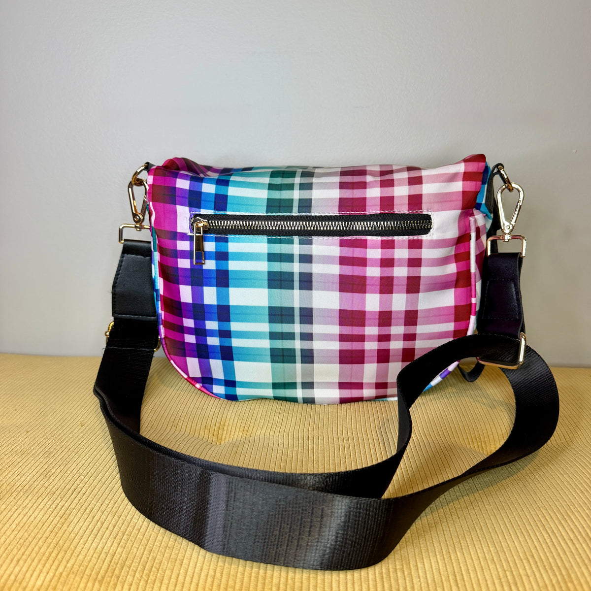 The Roni Nylon Crossbody - Plaid Ombre White