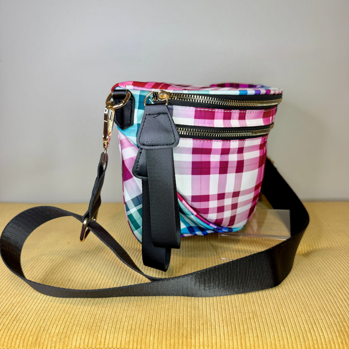 The Roni Nylon Crossbody - Plaid Ombre White