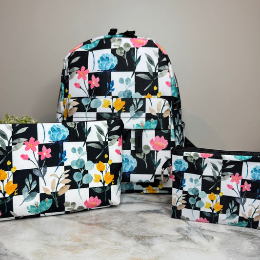 Mini Backpack, Pouch, & Mini Pouch Bundled Set - Floral Checker