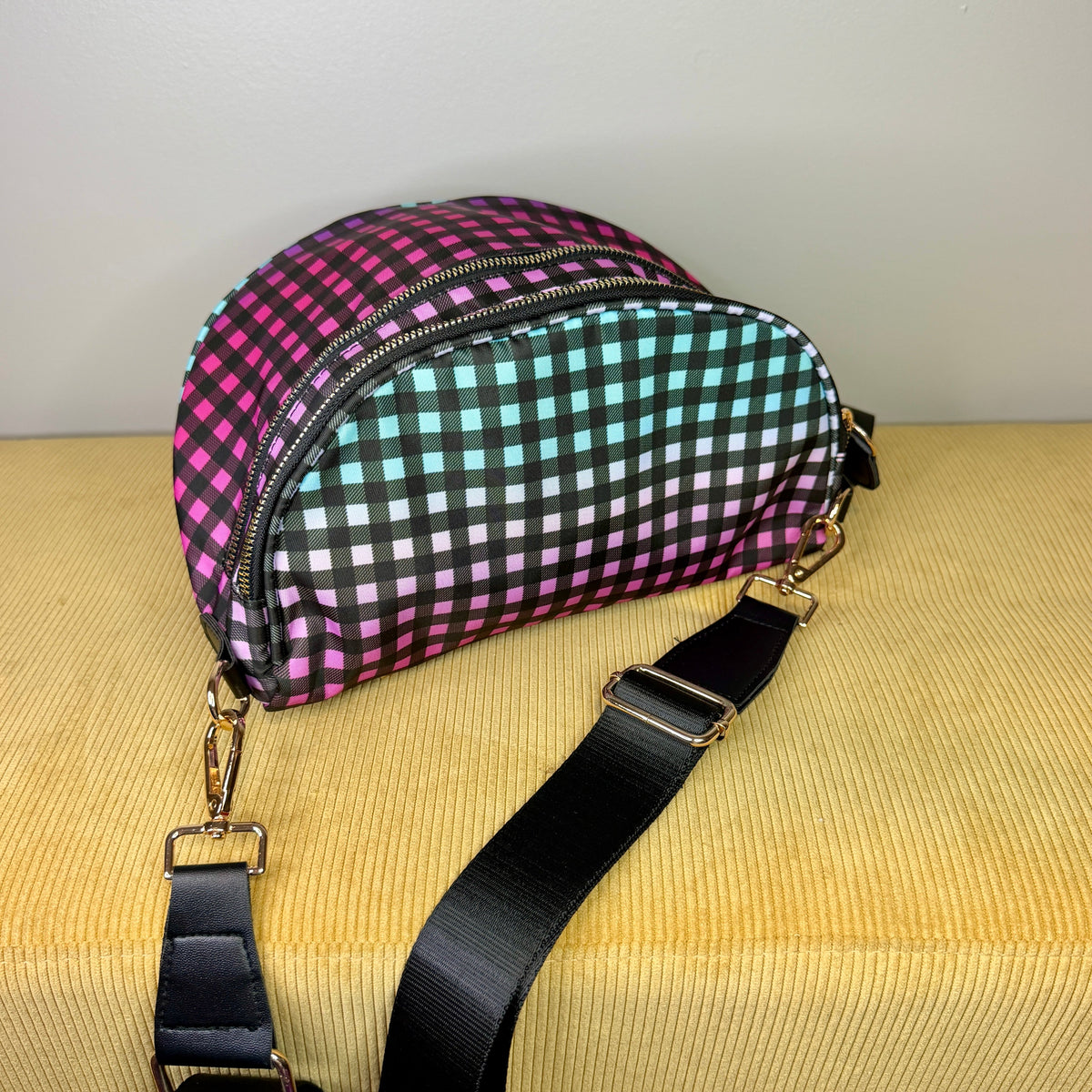 The Roni Nylon Crossbody - Plaid Ombre Black