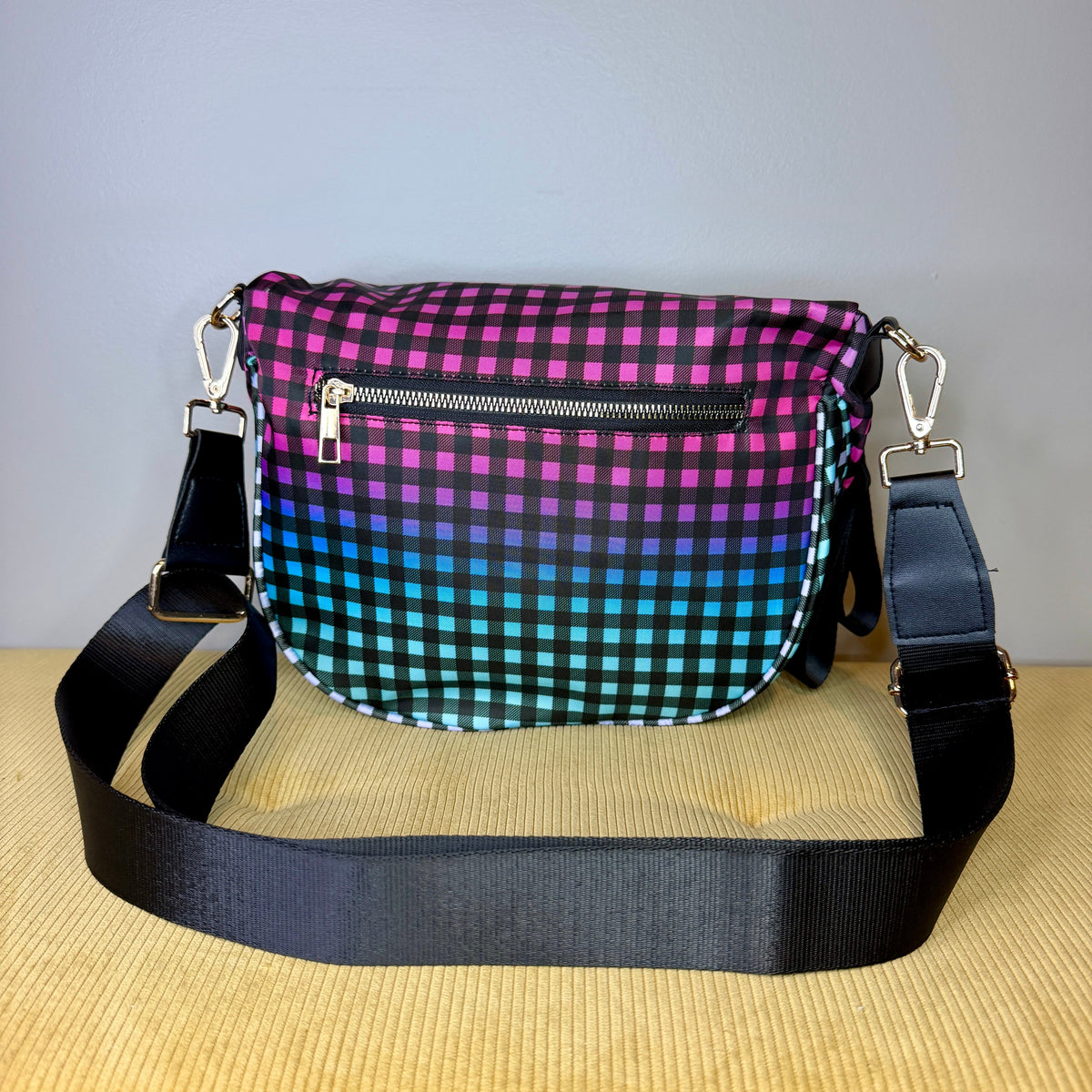 The Roni Nylon Crossbody - Plaid Ombre Black