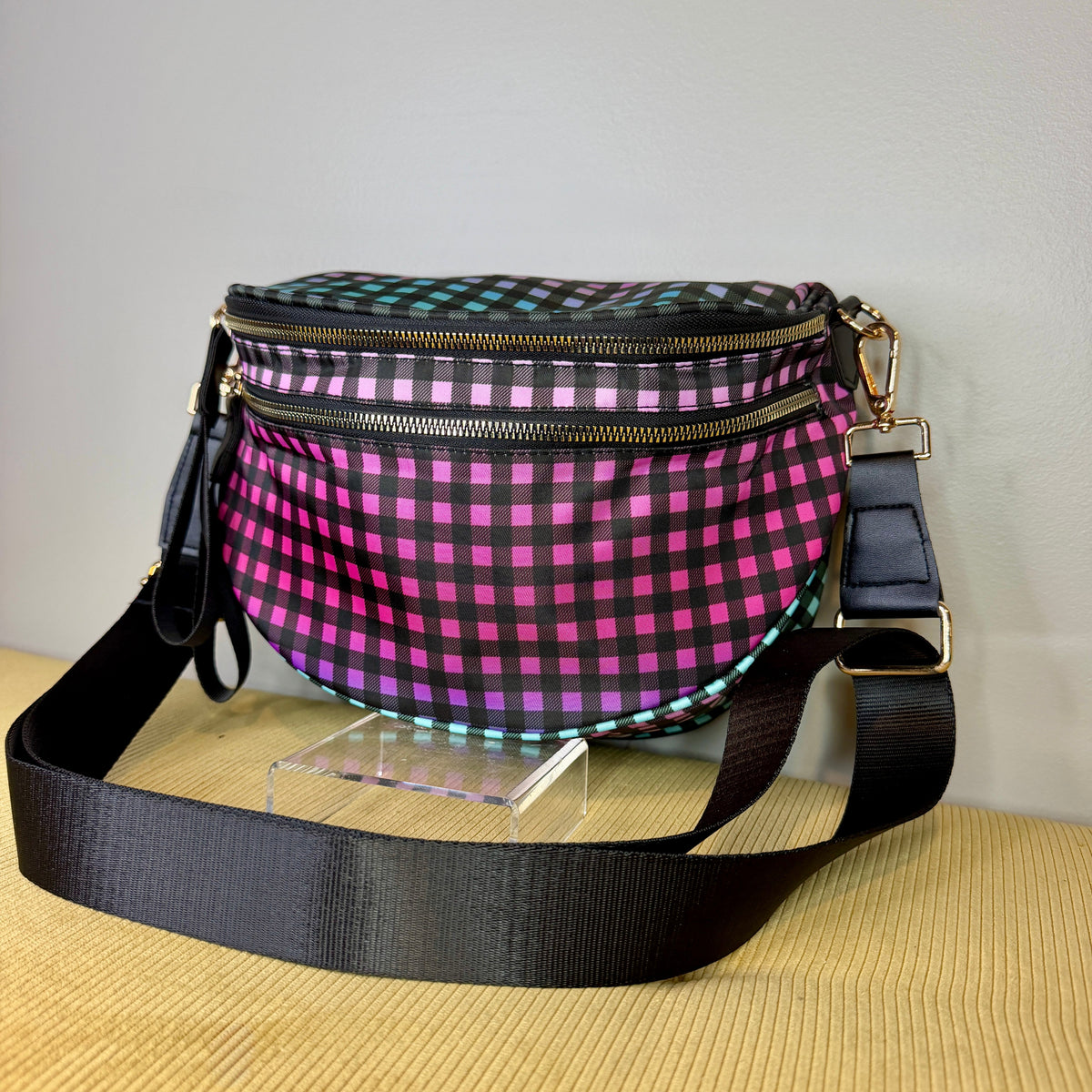The Roni Nylon Crossbody - Plaid Ombre Black