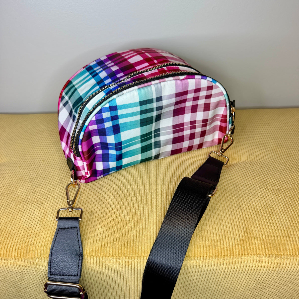 The Roni Nylon Crossbody - Plaid Ombre White