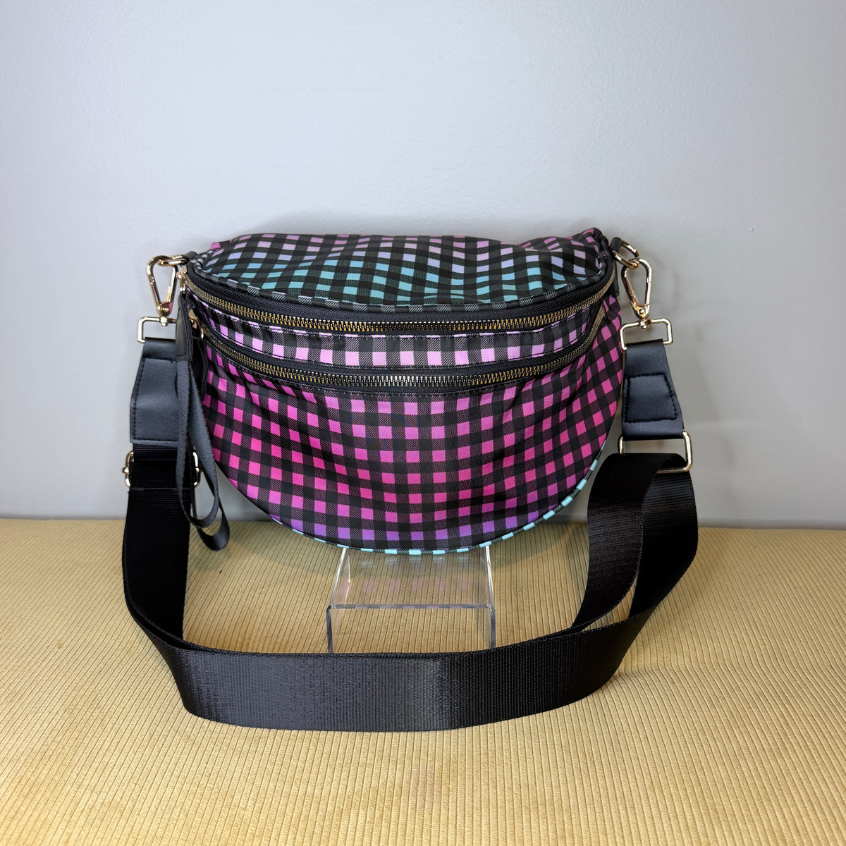 The Roni Nylon Crossbody - Plaid Ombre Black